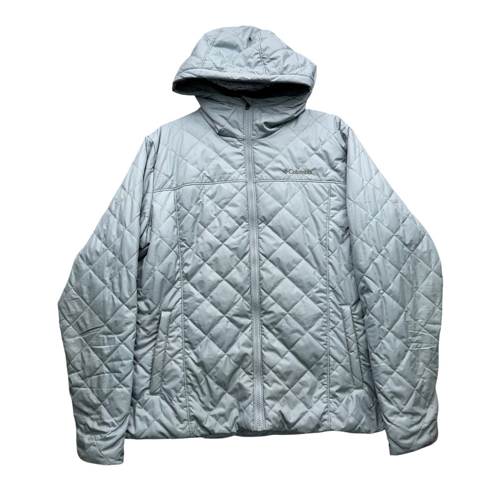 Columbia Quilted Hooded Jacket Women's Size XL Light Blue Faux Fur Lined